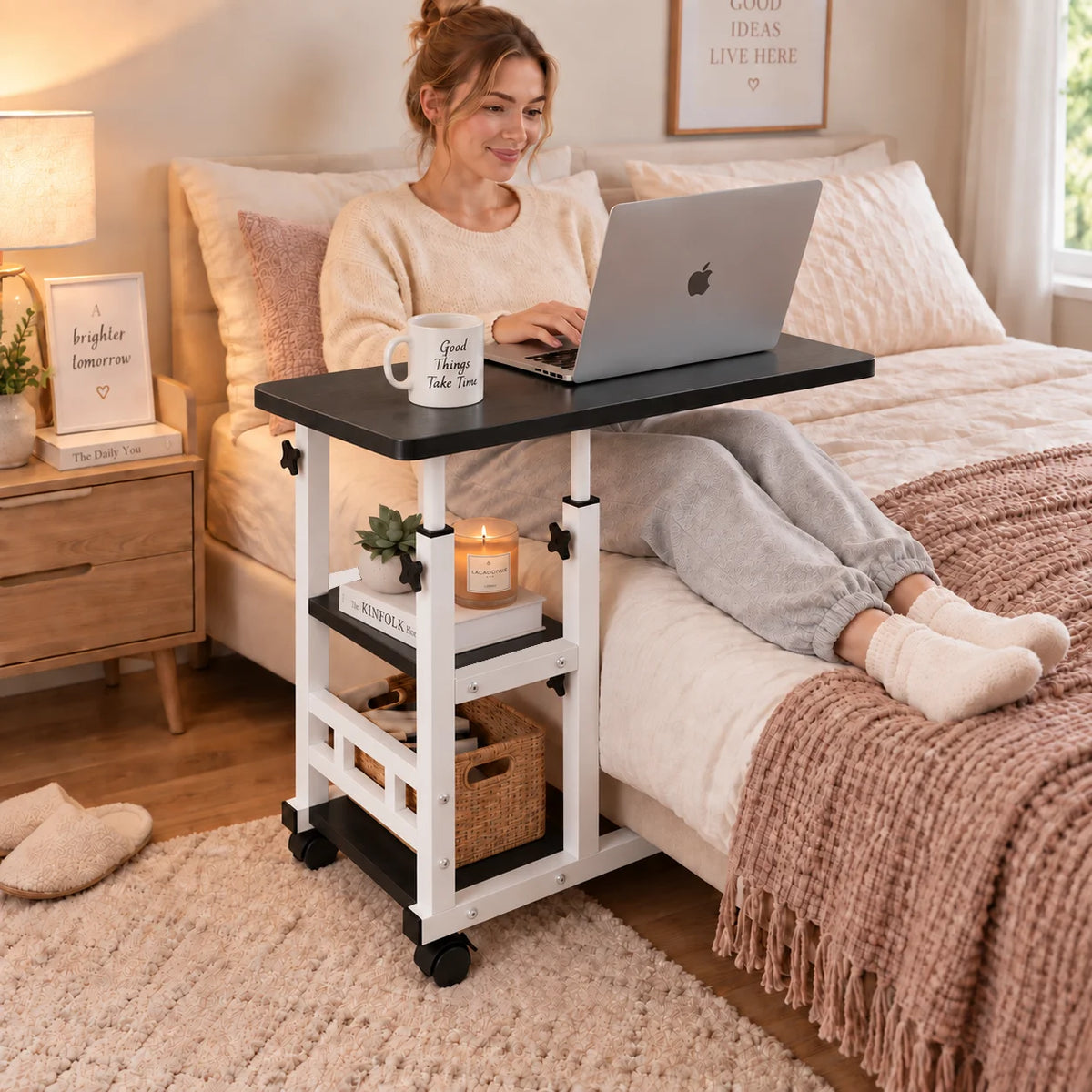 Portable Rolling Laptop Desk with Wheels for Bed, Adjustable Height Laptop Table for Couch, Small Computer Desk, Black