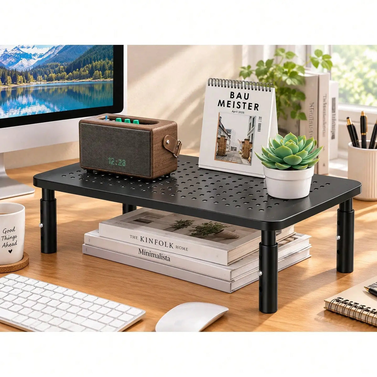 Desk Organizer, 1 Tier Computer Monitor Stand For Desk, Desk Monitor Riser 3 Height Adjustable, Laptop Stand Underneath Storage For Office, Home, School Supplies (STT003), 1 Pack, Black