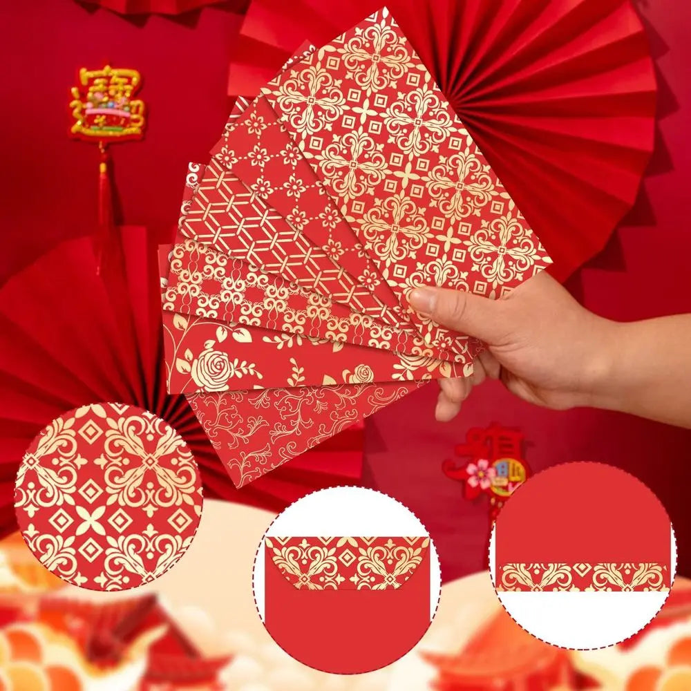 Chinese New Year 2026 Red 66-Piece Fortune Envelopes, 6 Designs, for Lunar Festival, Birthdays, and Weddings