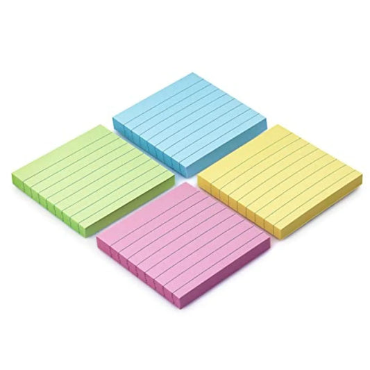 Lined Sticky Notes for office use, paper material, assorted colors, lined design for neat writing, 4 pads with 90 sheets each