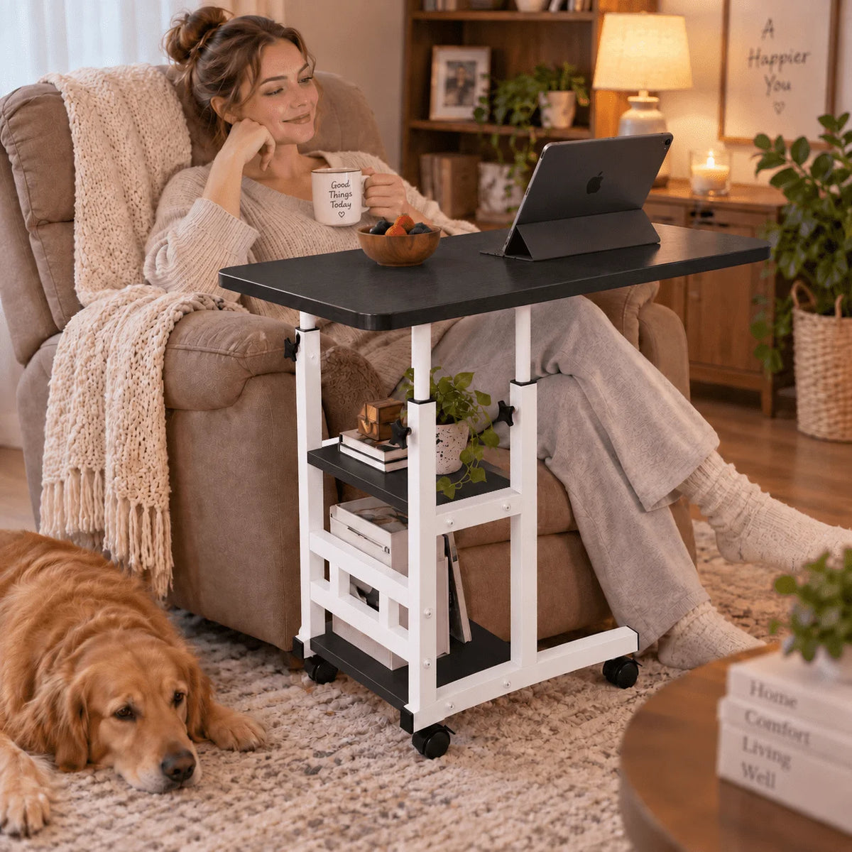 Portable Rolling Laptop Desk with Wheels for Bed, Adjustable Height Laptop Table for Couch, Small Computer Desk, Black