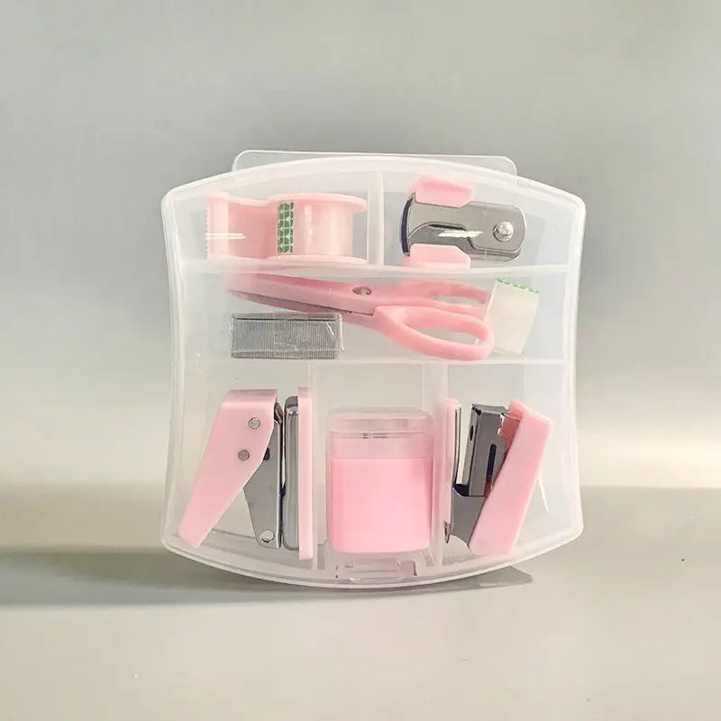 8 Pcs Mini Office Supplies Set with Portable Case Including Scissors Tape Dispenser Pencil Case Hole Puncher and Staples for Home School Desktop Stationery
