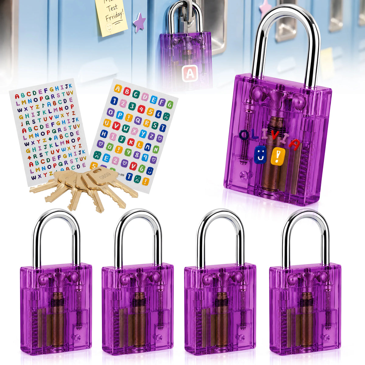 BOZZYS Transparent Mini Lock Set of 5 with 6 Keys, DIY Stickers Included, Make It Yours Design, One Key Opens Every Lock, Compact Colorful Padlocks for Gym Lockers, Cabinets, Suitcases and Zipper Bags