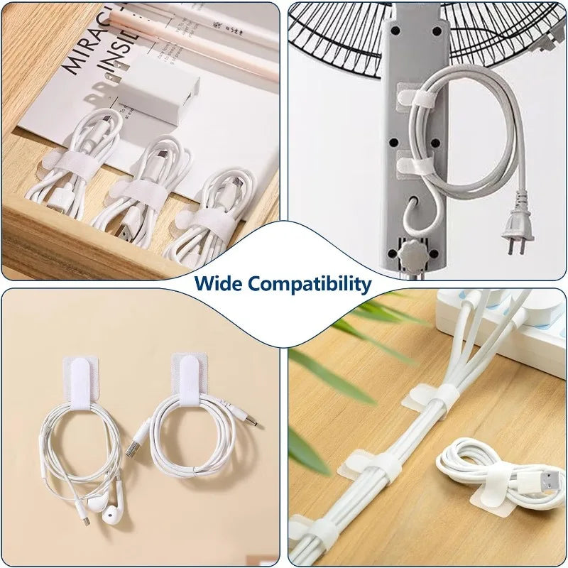 50 PCS Hook and Loop Cable Ties, Under Desk Cable Management, White