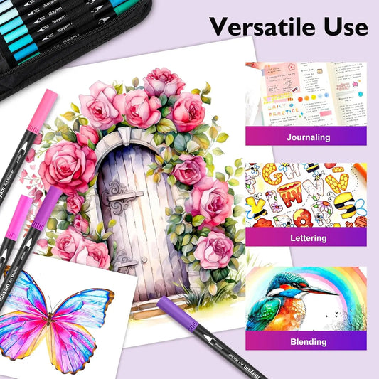 Art Markers Set, 100 Colors Dual Tip Brush Pens For Adult Coloring Book, Note-Taking, Calligraphy, Journaling, Sketching & Lettering, With Gift Case For School Art Supplies