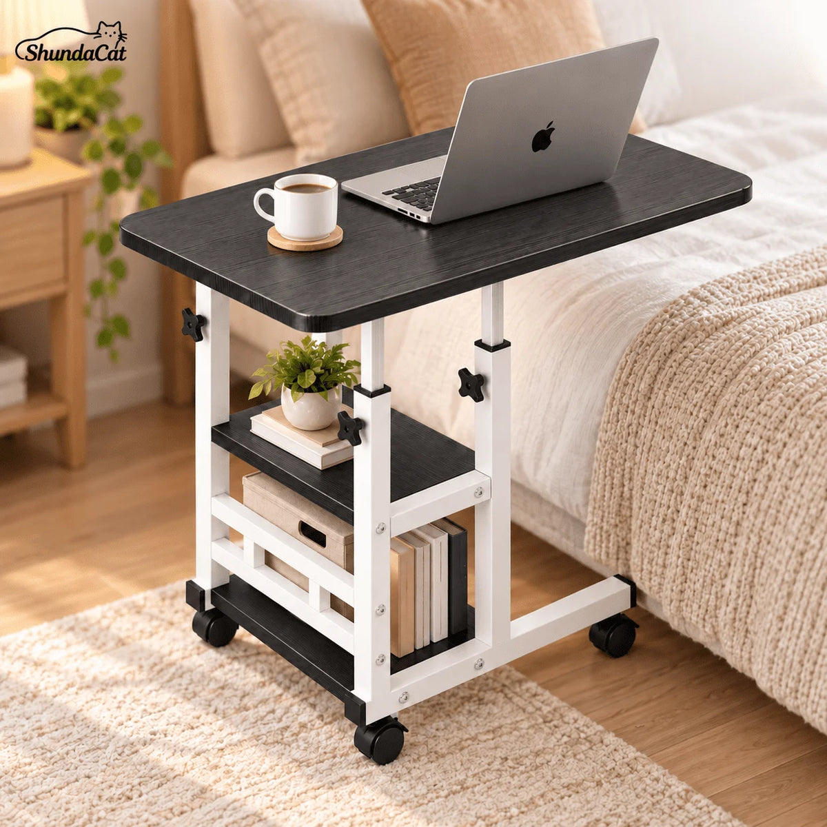 Portable Rolling Laptop Desk with Wheels for Bed, Adjustable Height Laptop Table for Couch, Small Computer Desk, Black