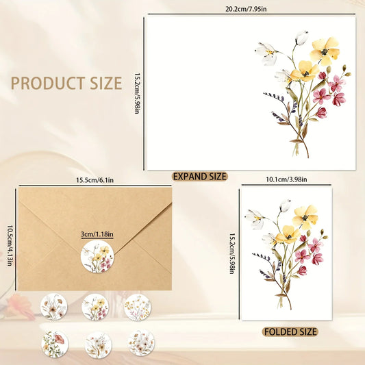 24 Pack Watercolor Wildflower Thank You Folded Cards with 24 Kraft Envelopes & 24 Stickers, 6 Floral Designs Blank Note Cards Small Business Package Inserts for Boutique Retail Store Customer Gratitude Handwritten Greeting Ca