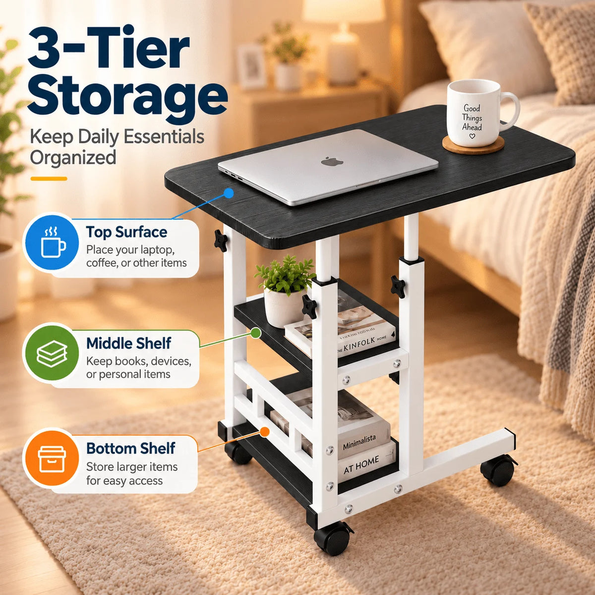 Portable Rolling Laptop Desk with Wheels for Bed, Adjustable Height Laptop Table for Couch, Small Computer Desk, Black