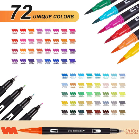 Art Markers Set, 72 Colors Dual Tip Brush Pens For Adult Coloring Book, Note-Taking, Calligraphy, Journaling, Sketching & Lettering, With Gift Case For School Art Supplies