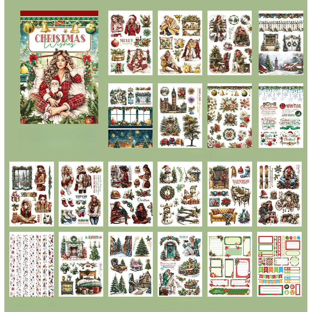 A5 Christmas Theme Sticker Book PET Material Pre-cut Model Retro Style Diary Decoration Base Material