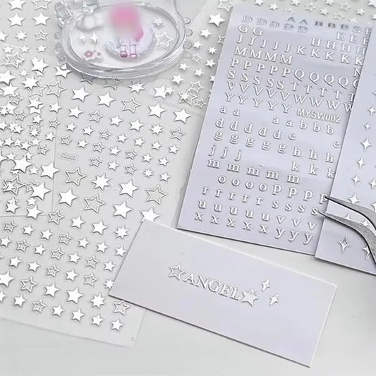 3Pcs Toploader Decorative Stickers Set - Silver Letters & Starburst Star Design Photocard Accessories for Fans, DIY Planner Scrapbook Stationery, Album Decoration Supplies