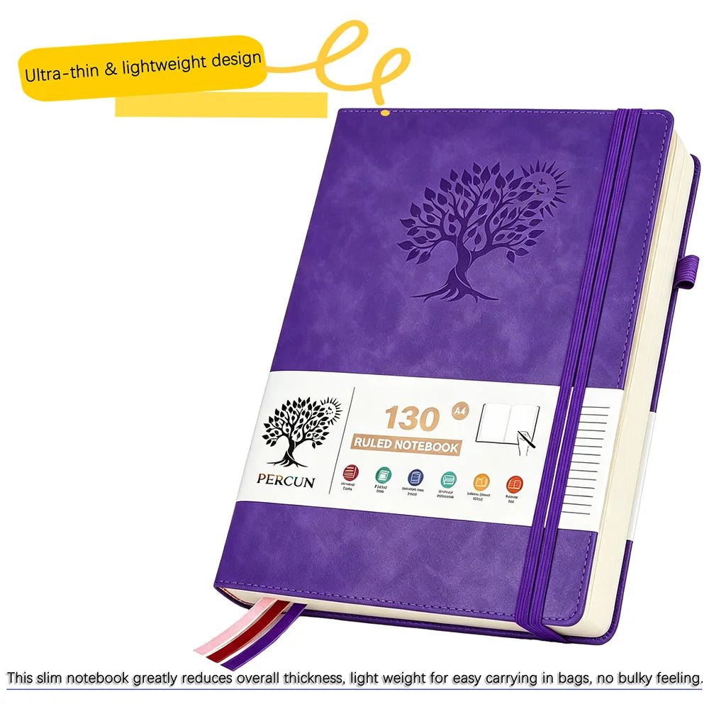 A4 Ruled Hardcover Diary Notebook, Faux PU Leather Cover, 130 Pages Thick Paper Journal with Elastic Band & Bookmark Ribbon, Writing Notepad for Office School Business Men Women