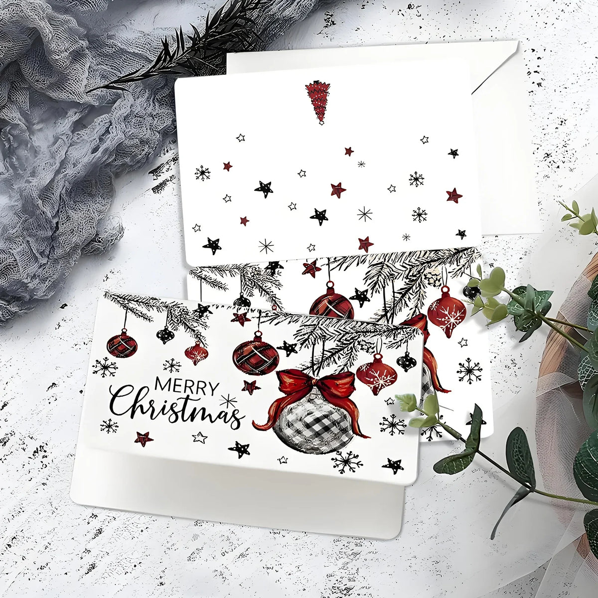24 Pack Christmas Greeting Cards with Envelopes & Seal Stickers, Black Red Plaid Snowman Christmas Tree Ornament Designs Blank Holiday Note Cards for Winter Xmas Party Family Friends Wishes