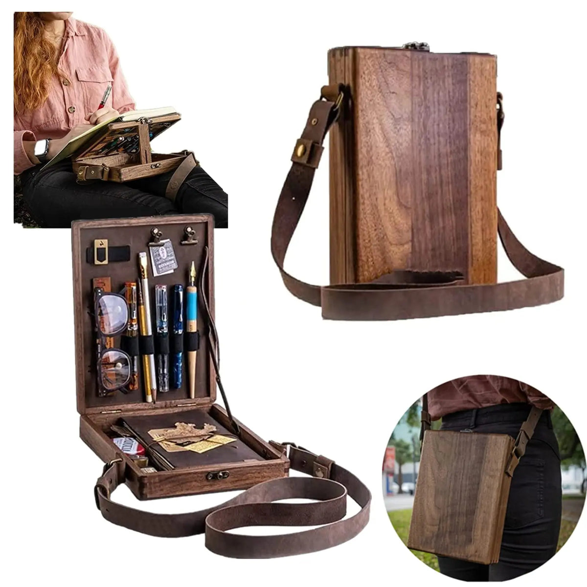 Pen Holder Wooden Desk Organizer Box Portable Stationery Storage Case With Shoulder Strap For Pens Pencils Notes Home Office