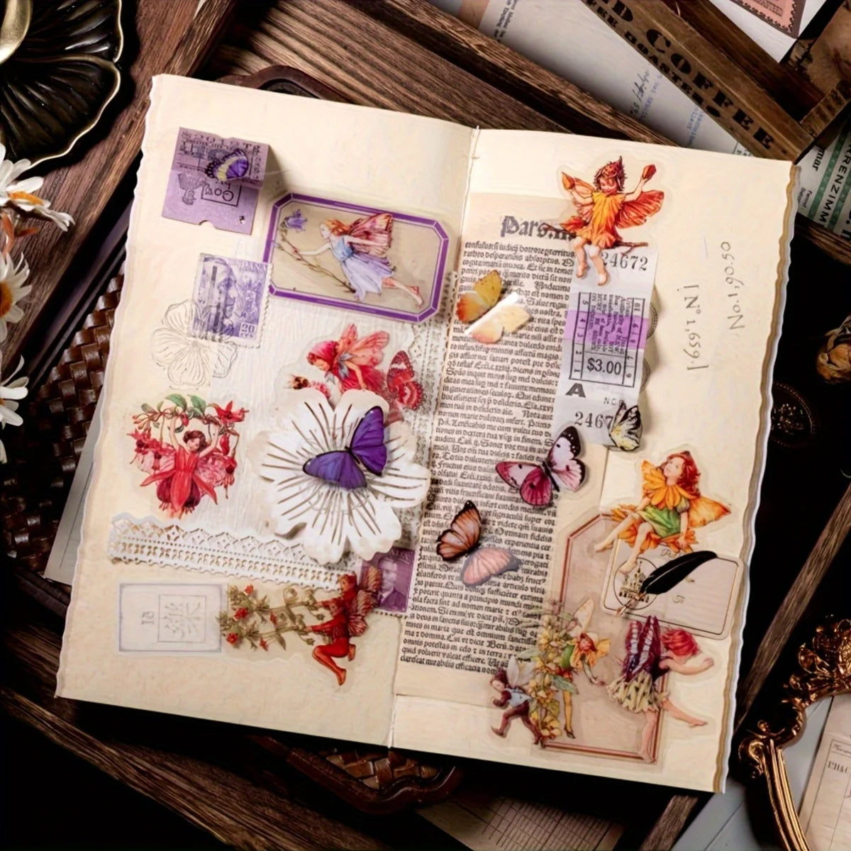 300Pcs Vintage Fairy Stickers for Journaling Scrapbooking DIY Crafts Transparent Flower Fairy Stickers for Journal Phone Cases Laptops Notebooks Albums Calendars