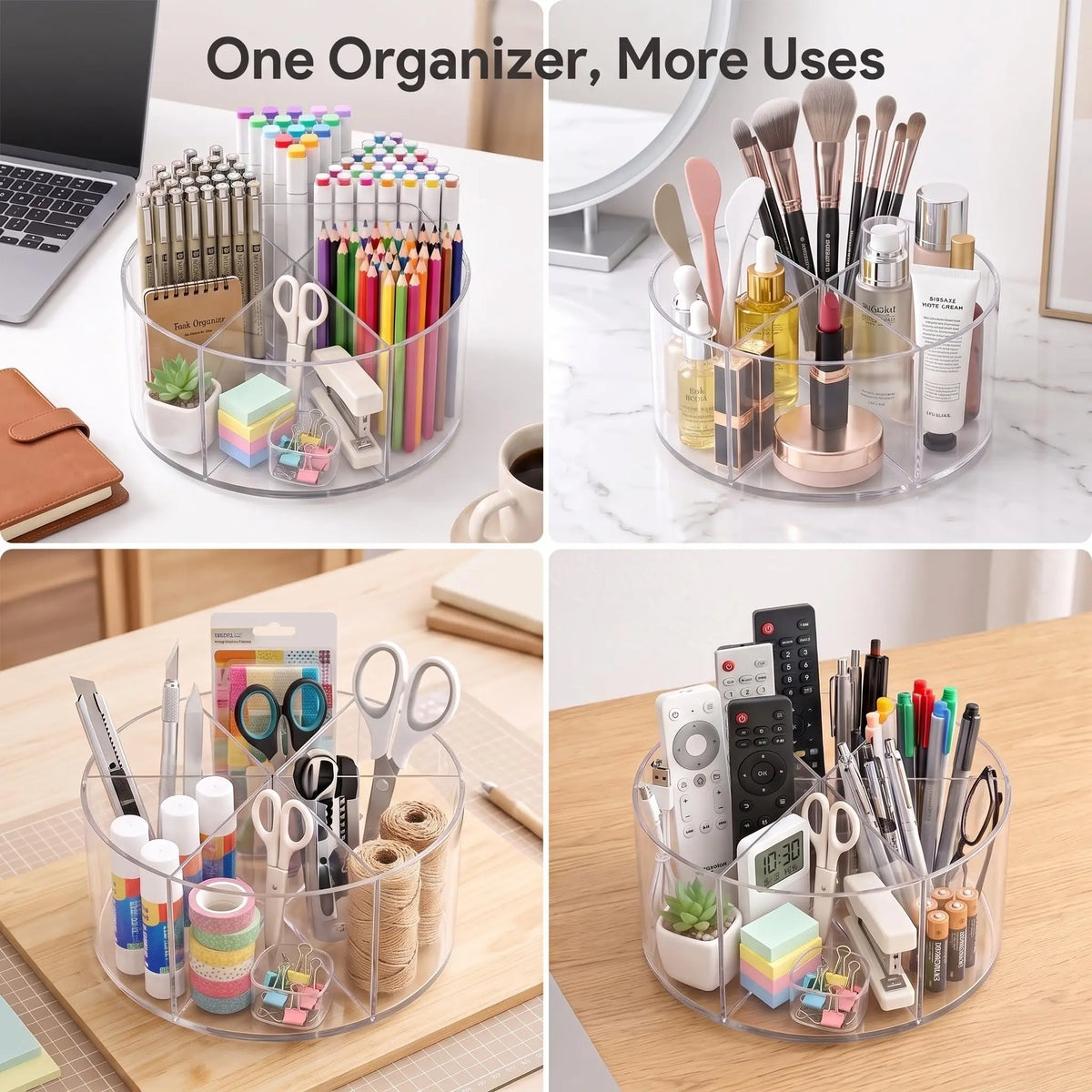 Spinning Acrylic Desk Pen Holder 360 Degree With 6 Compartments And Handle 7.87 Inch Diameter Clear Desktop Caddy For Supplies Desk Matt For Desktop Office Vanity Storage