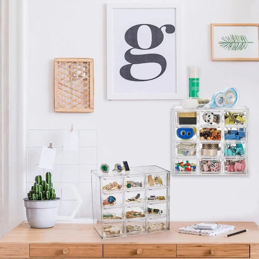 2-Pack Clear Mini Desk Organizer with 12 Removable Drawers for Desk Craft Storage, Art Supplies, Office, and Cosmetics