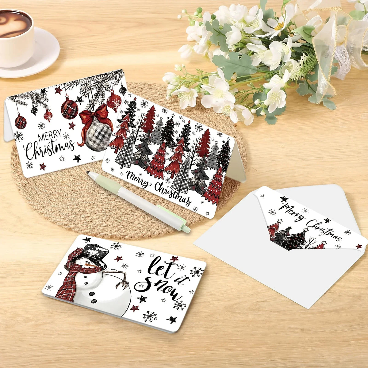 24 Pack Christmas Greeting Cards with Envelopes & Seal Stickers, Black Red Plaid Snowman Christmas Tree Ornament Designs Blank Holiday Note Cards for Winter Xmas Party Family Friends Wishes