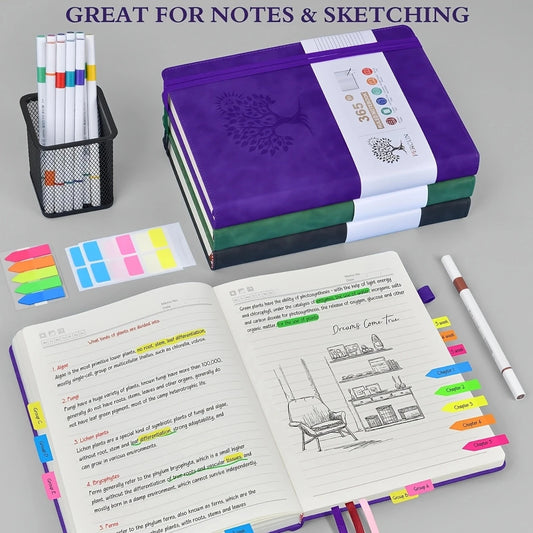 A4 Ruled Hardcover Diary Notebook, Faux PU Leather Cover, 130 Pages Thick Paper Journal with Elastic Band & Bookmark Ribbon, Writing Notepad for Office School Business Men Women