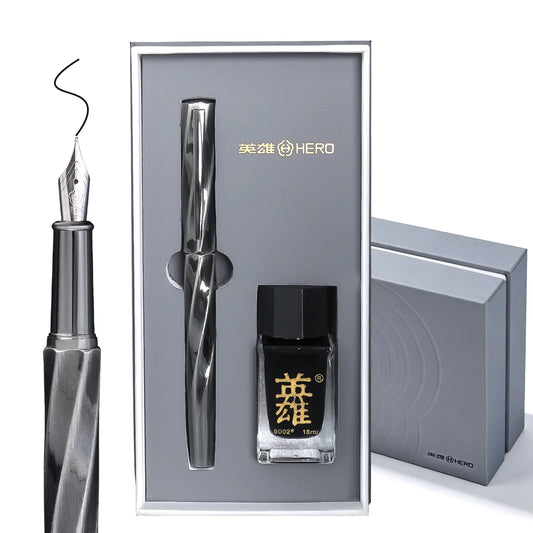 Hero E505A Fountain Pen Gift Set, Unique Twisted Spiral Streamline Barrel High Recognition, 0.5mm Gold Plated Iridium Nib Smooth Writing, Ergonomic Comfort Grip Anti-slip Texture