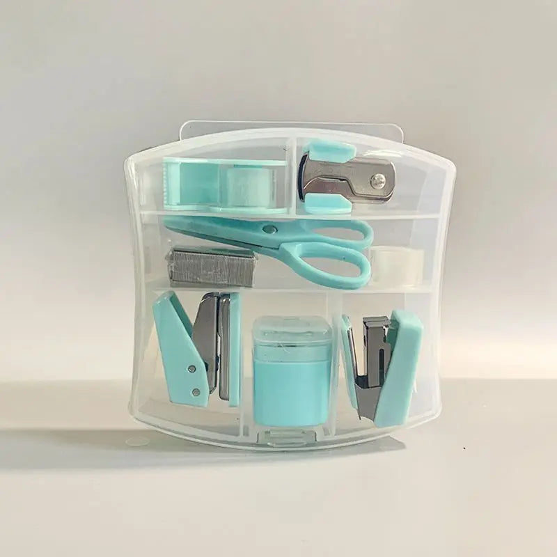8 Pcs Mini Office Supplies Set with Portable Case Including Scissors Tape Dispenser Pencil Case Hole Puncher and Staples for Home School Desktop Stationery