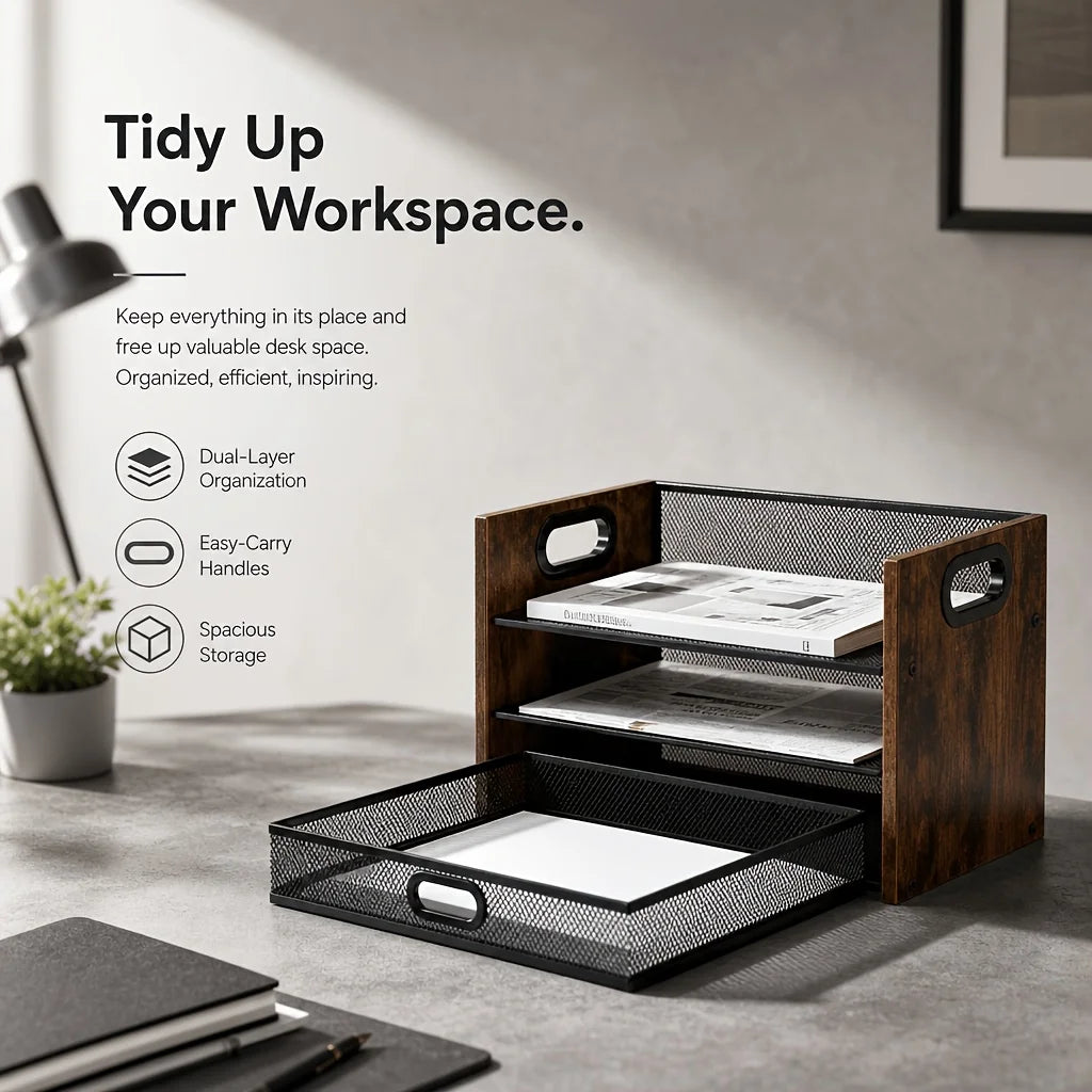 Storage Rack, Magazine and Newspaper Basket – Three-Tier Desktop Document Organizer with Drawers, Wooden Paper Tray, Office Desk Storage and Organization Tool, and Stationery Accessories, Ideal for Files, Letters, Notebooks