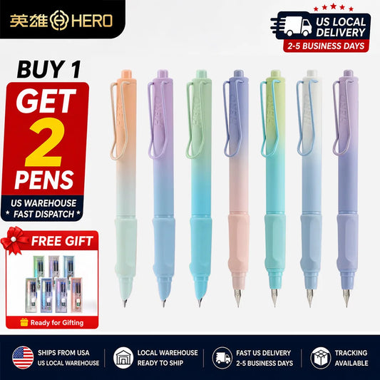 HERO 1356 Retractable Push Type Iridium Fountain Pen, Open Nib & Hidden Nib Optional, 7 Beautiful Gradient Colors Available, Portable Pocket Fountain Pen with Clip, Support Ink Cartridge & Ink Absorber, Ergonomic Grip Student