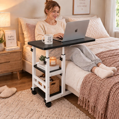 Portable Rolling Laptop Desk with Wheels for Bed, Adjustable Height Laptop Table for Couch, Small Computer Desk, Black
