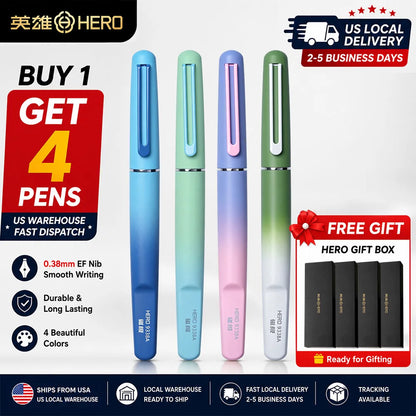HERO 9338A Magnetic Fountain Pen 0.38mm Iridium EF Nib Frosted Gradient Metal Body Fingerprint Proof Ergonomic Grip Quick Dry Ink Smooth Writing, Anti-Skip & Anti-Blob