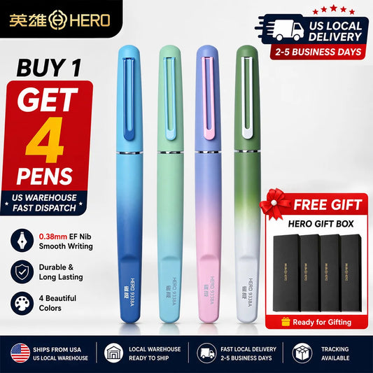 HERO 9338A Magnetic Fountain Pen 0.38mm Iridium EF Nib Frosted Gradient Metal Body Fingerprint Proof Ergonomic Grip Quick Dry Ink Smooth Writing, Anti-Skip & Anti-Blob