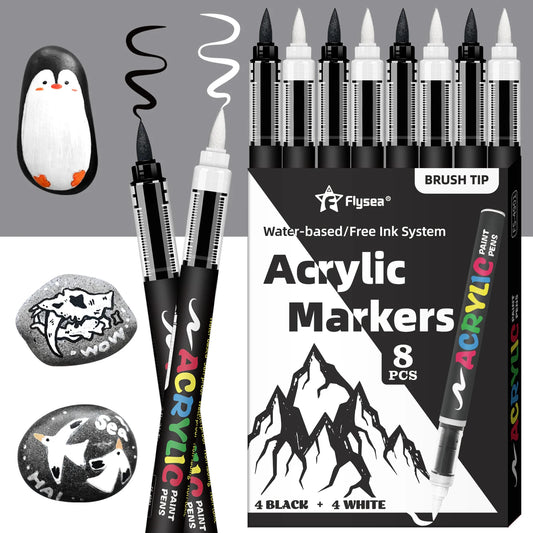 8pcs Black and White Acrylic Paint Markers Set, Large Ink Capacity, Acrylic Markers for Illustration Sketching, Wood, Glass, Fab