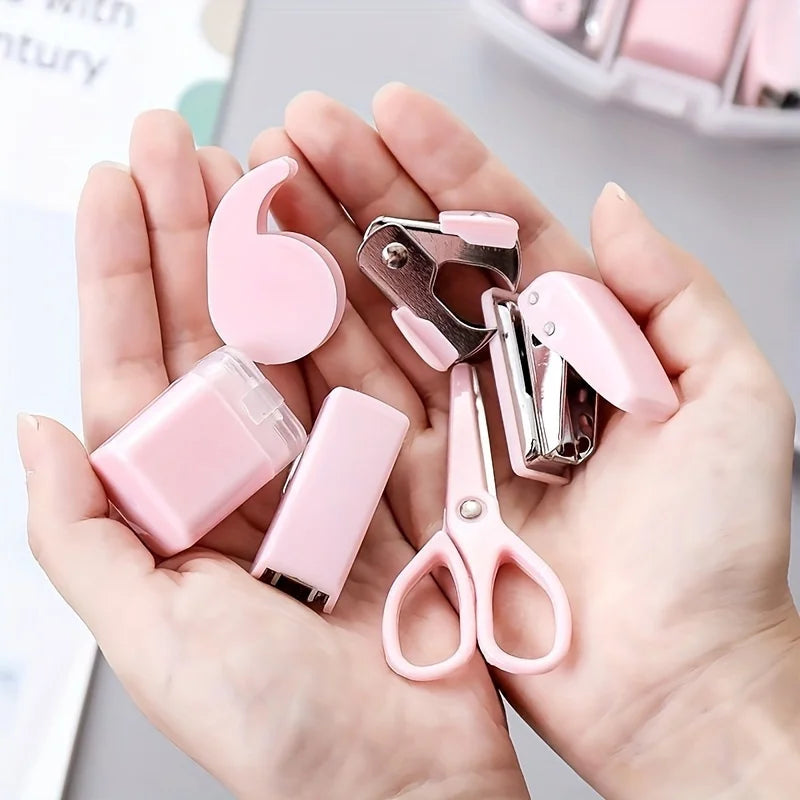 8 Pcs Mini Office Supplies Set with Portable Case Including Scissors Tape Dispenser Pencil Case Hole Puncher and Staples for Home School Desktop Stationery