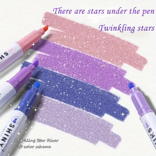 12pcs Glitter Shiny Highlighter Marker Pens, Colorful Painted Stationery School Supplies, Glitter, Fluorescent & Colored Markers
