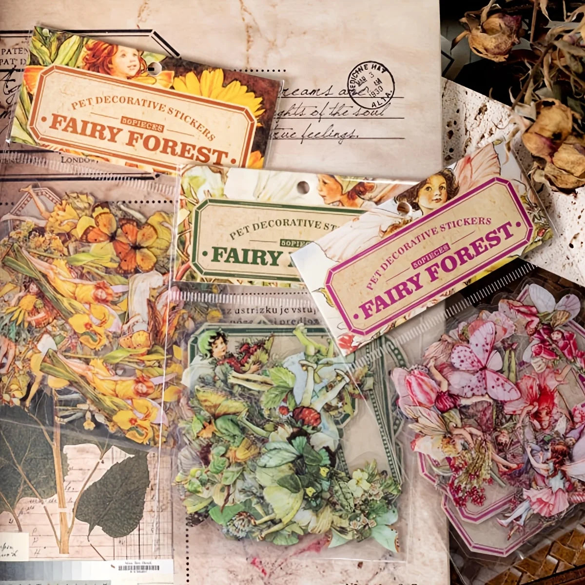 300Pcs Vintage Fairy Stickers for Journaling Scrapbooking DIY Crafts Transparent Flower Fairy Stickers for Journal Phone Cases Laptops Notebooks Albums Calendars