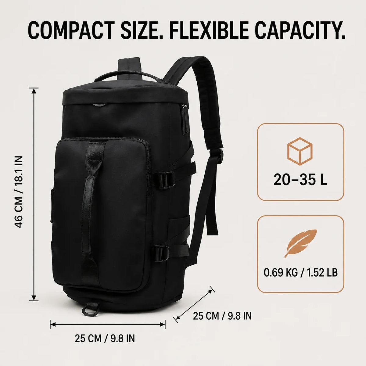 Waterproof Backpack Oxford Fabric, Black Everyday Daypack with Top Handle and Front Pocket, Wear Resistant Polyester Lined