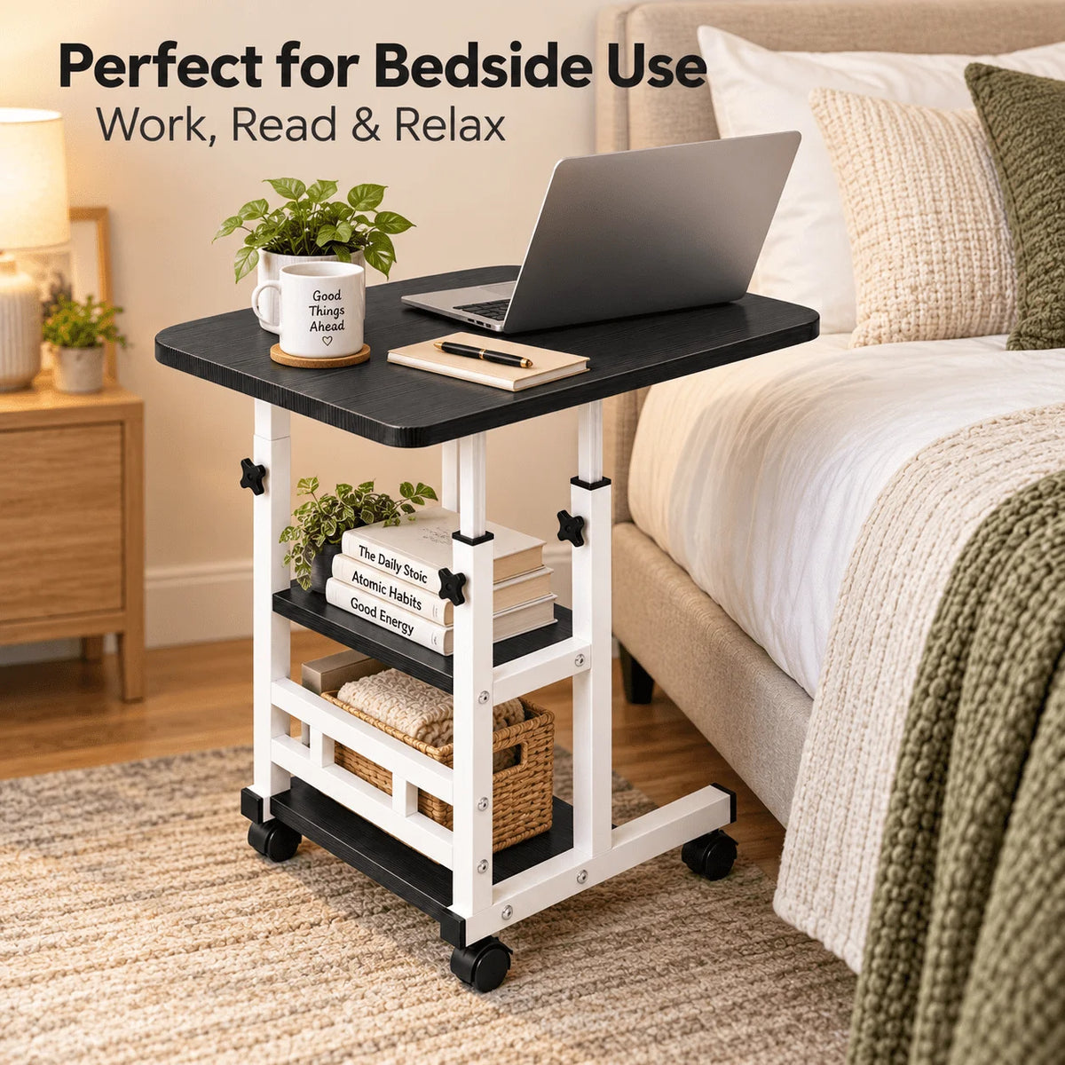 Portable Rolling Laptop Desk with Wheels for Bed, Adjustable Height Laptop Table for Couch, Small Computer Desk, Black