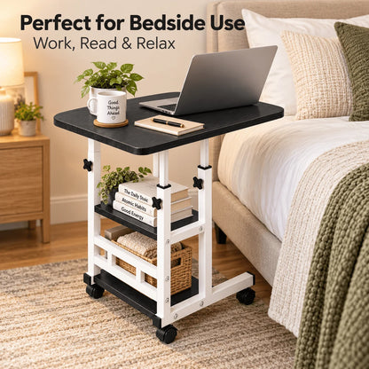 Portable Rolling Laptop Desk with Wheels for Bed, Adjustable Height Laptop Table for Couch, Small Computer Desk, Black