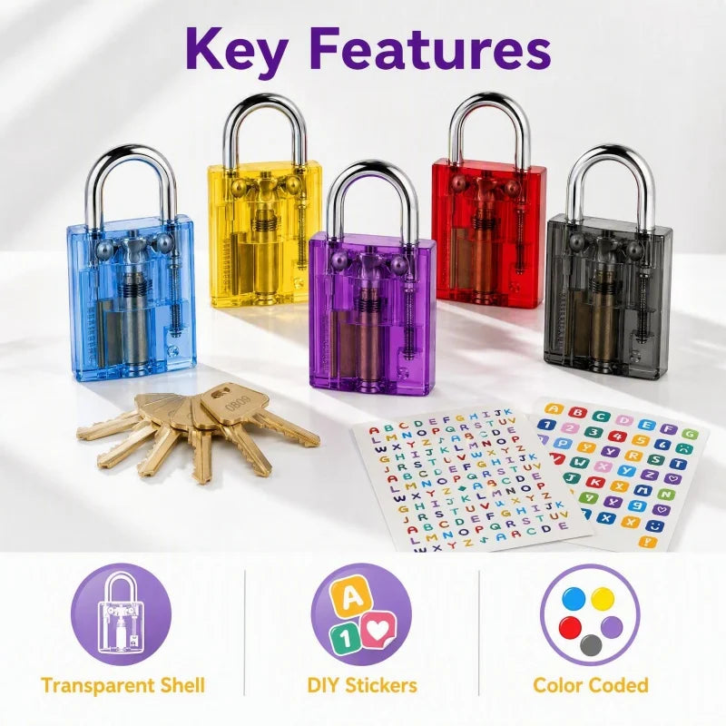 BOZZYS Transparent Mini Lock Set of 5 with 6 Keys, DIY Stickers Included, Make It Yours Design, One Key Opens Every Lock, Compact Colorful Padlocks for Gym Lockers, Cabinets, Suitcases and Zipper Bags