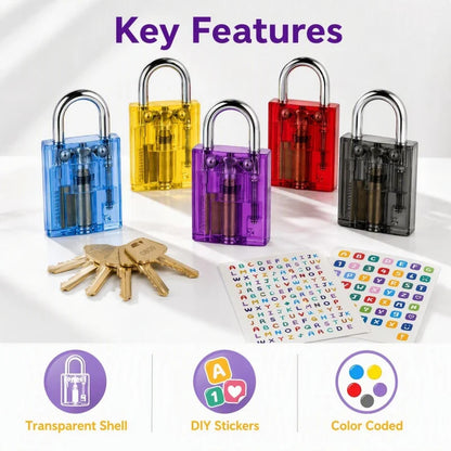 BOZZYS Transparent Mini Lock Set of 5 with 6 Keys, DIY Stickers Included, Make It Yours Design, One Key Opens Every Lock, Compact Colorful Padlocks for Gym Lockers, Cabinets, Suitcases and Zipper Bags