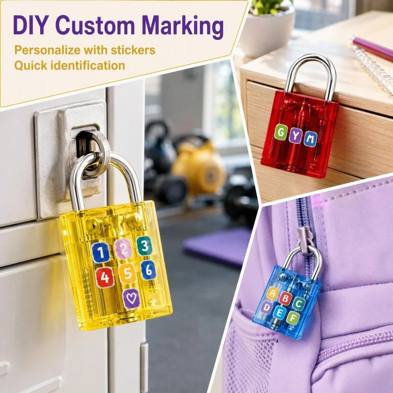 BOZZYS Transparent Mini Lock Set of 5 with 6 Keys, DIY Stickers Included, Make It Yours Design, One Key Opens Every Lock, Compact Colorful Padlocks for Gym Lockers, Cabinets, Suitcases and Zipper Bags