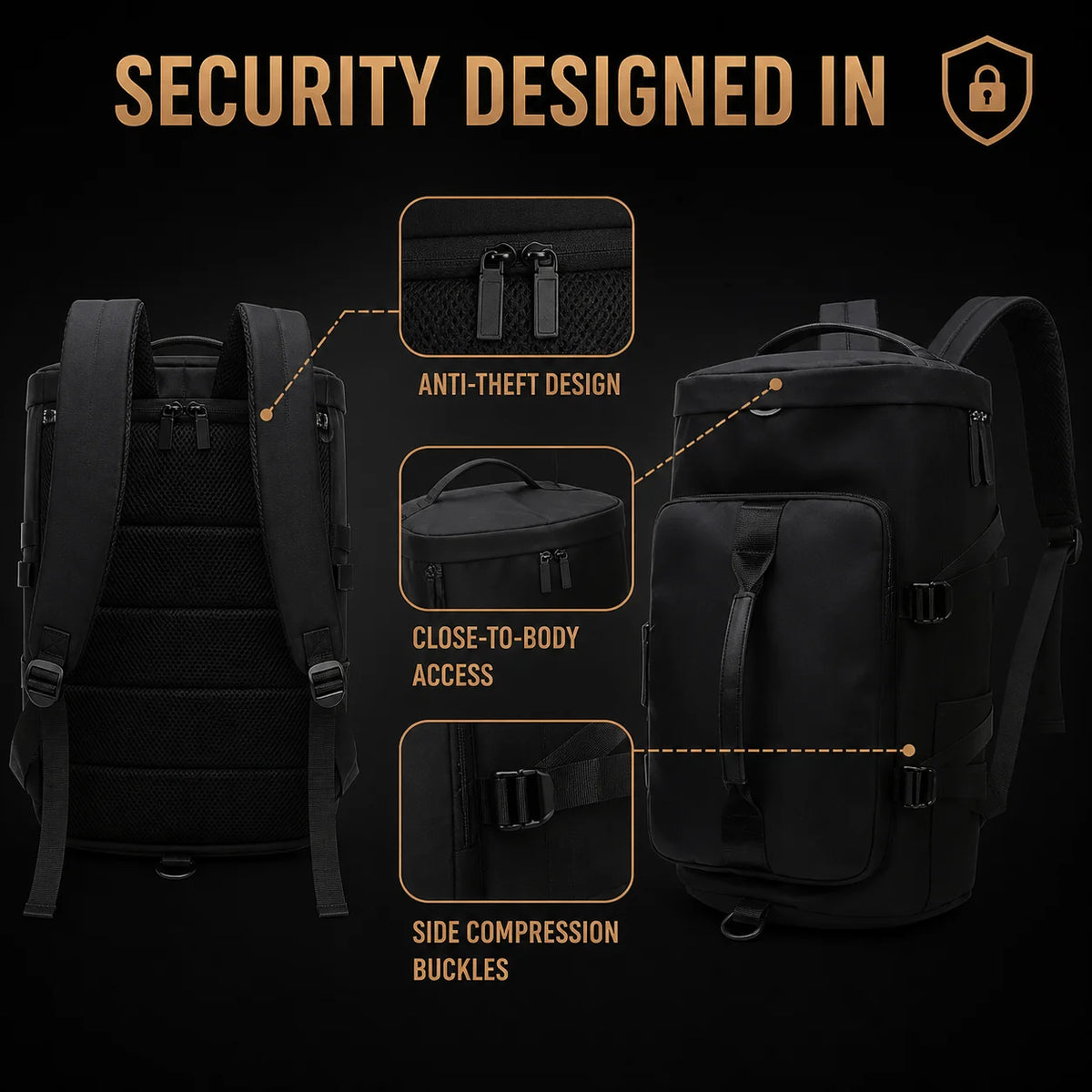 Waterproof Backpack Oxford Fabric, Black Everyday Daypack with Top Handle and Front Pocket, Wear Resistant Polyester Lined