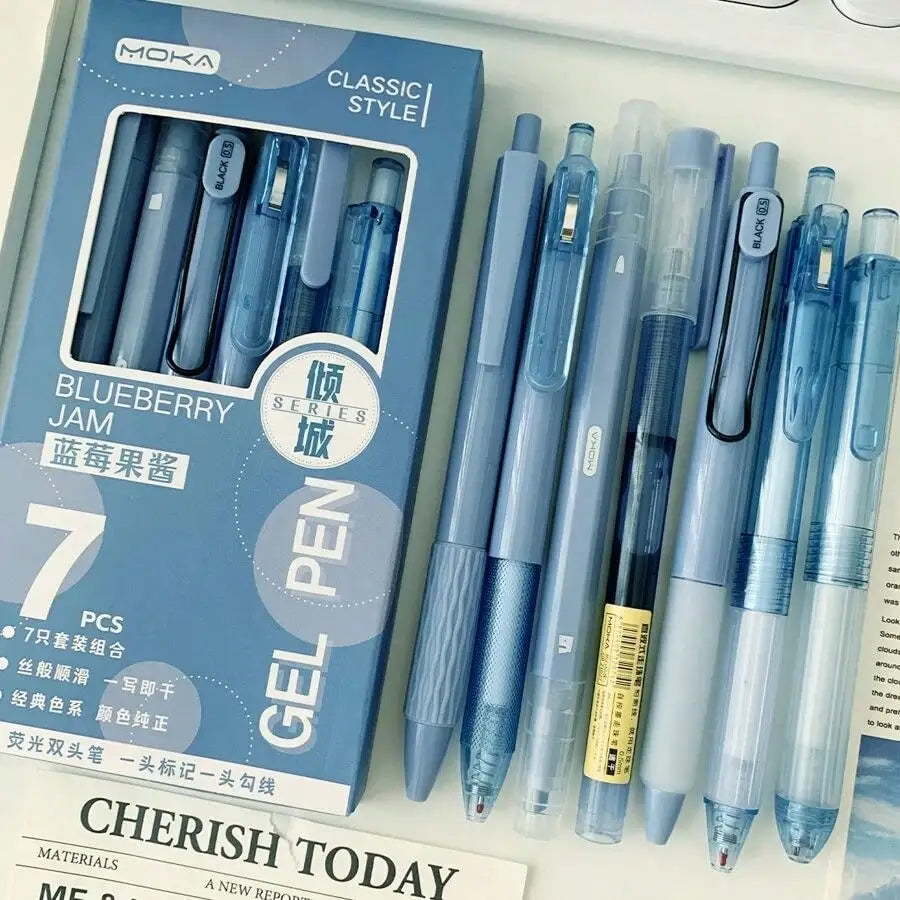 7pcs/Set St-Tip Push Pen & Pen Combination School Stationery Set Quick Drying And Brush Writing