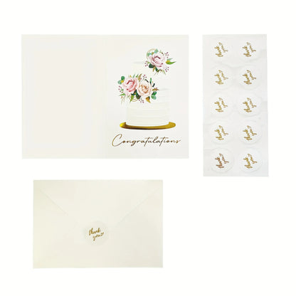 10 Pack Gold Foil Congratulations Greeting Cards with Envelopes & Sealing Stickers, Floral Wedding Cake Design Blank Inside Note Cards for Wedding Engagement Bridal Shower Marriage Gift