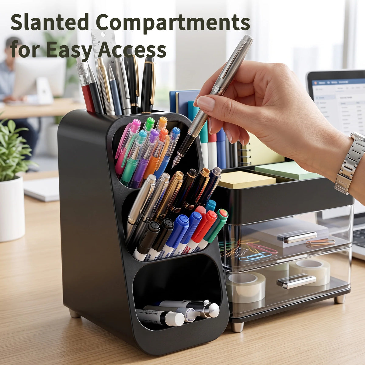 Desk Organizer with Pen Holder, 2 Drawers & 4 Compartments  Multifunctional Pen Holder Drawer Stationery Organizer Storage Desk Organizers Plastic Accessories Office School Supplies Plastic Desktop Storage for Office, School