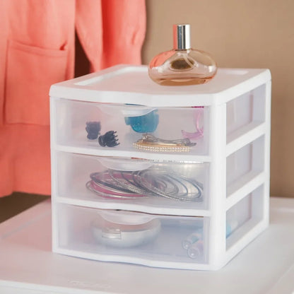 Small 3 Drawer Storage Unit Plastic Stackable Organizer Clear Front Drawers Desktop Container Office Home Crafts Makeup