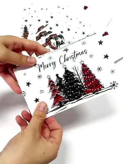 24 Pack Christmas Greeting Cards with Envelopes & Seal Stickers, Black Red Plaid Snowman Christmas Tree Ornament Designs Blank Holiday Note Cards for Winter Xmas Party Family Friends Wishes