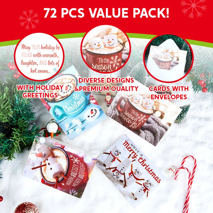 12 PCS Christmas Greeting Cards with Envelopes for Winter Holiday Xmas Season Merry Christmas Cards Hot Cocoa Collection, Wintertime Gifts, Invitations