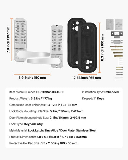 SucceBuy Mechanical Keyless Entry Door Lock 14 Key Mechanical Door Lock Mechanical Keypad Door Knob Single-Side Keyless Lock