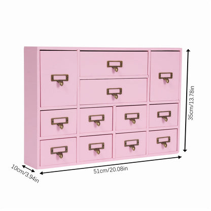Desktop Drawer Organizer 12 Drawers, Wooden Desk Storage Box with Label Slots, Multipurpose Countertop Small Parts Cabinet, Office Craft Jewelry Art Supplies Home Counter Cosmetics Dock, No Assembly Needed, Brown/Black/Pink/B