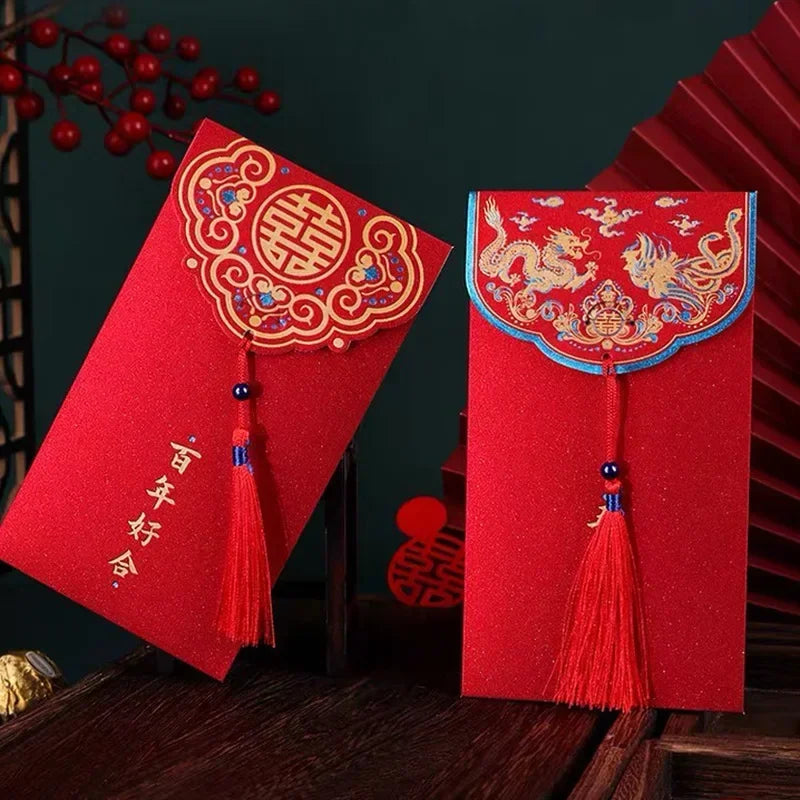 10Pcs/Set Traditional Chinese Wedding Red Envelopes with Tassel, Lucky Money Packets for Blessing